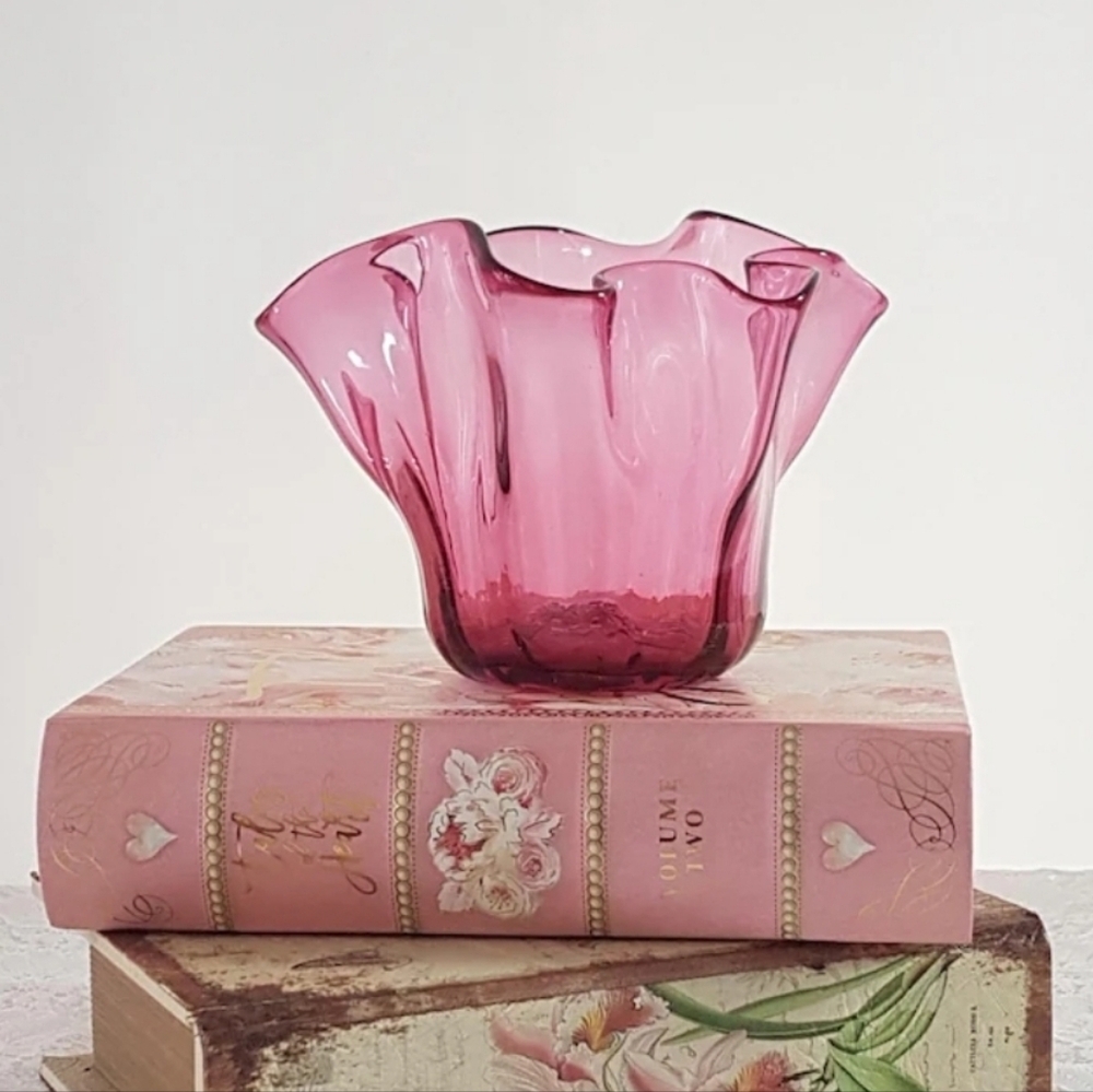 Pink Glass Candy Dish Bowl, Handkerchief Cranberry Glass Pillar Candle Holder
